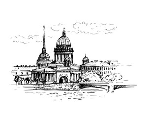 St. Isaac's Cathedral and Neva river with bridge,St.Petersburg, Russia. Vector illustration. Sketch.