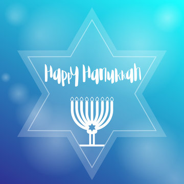 Happy Hanukkah template with menorah, candles and star