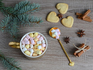 Hot cocoa with marshmallows and Christmas decorations