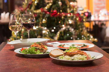 Restaurant food with fresh ingredients - christmas tree and food in restaurant