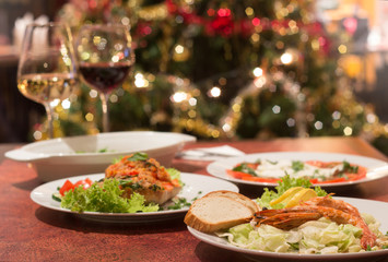 Restaurant food with fresh ingredients - christmas tree and food in restaurant