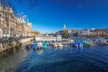 Historic Zürich city center with famous Grossmünster Church and Limmat river, Switzerland