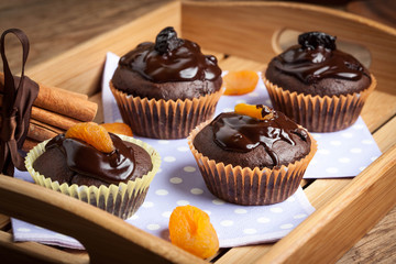 Freshly baked chocolate muffins.