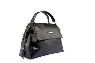 Fototapeta premium Black female leather bag isolated on white background.