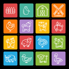 Farm animals white icon set isolated on a color square.Simple animals line icon,sign,symbol set