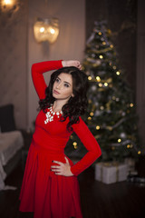 Cute girl in red dress with Christmas tree