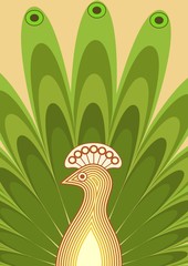 Background with stylized bird. Peacock with rich tail. Yellow illustration.