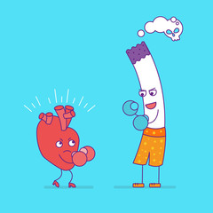 Smiling heart fighting or boxing with cigarette. Cartoon charact