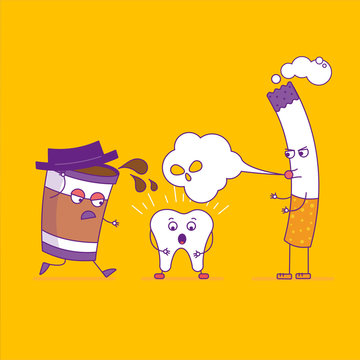 White tooth fights cigarette and paper coffee cup. Cartoon chara