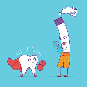White tooth fighting or boxing with cigarette. Cartoon character