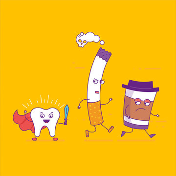 White tooth beats cigarette and paper coffee cup cartoon charact