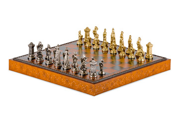 Chess pieces on the board on a white background.