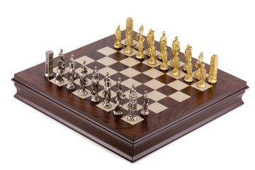 Chess pieces on the board on a white background.