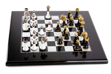 Chess pieces on the board on a white background