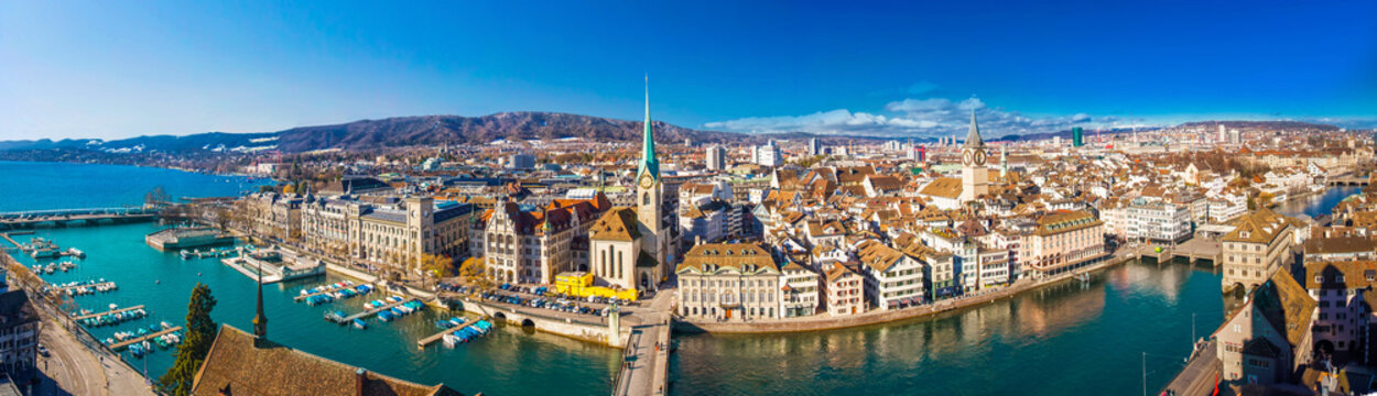 Historic Z&uuml;rich center with famous Fraum&uuml;nster Church, Limmat river and Z&uuml;richsee, Switzerland