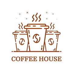 Vector illustration of emblem concept coffee house in line style. Linear brown 3 cups. Icon Design outline object. Coffee shop label, logo, icon.
