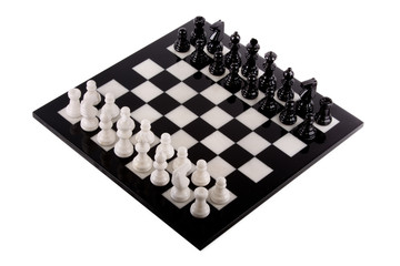 Chess pieces on the board on a white background