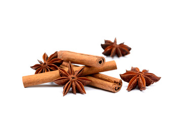 Fragrant anise and cinnamon isolated on white background