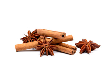 Fragrant anise and cinnamon isolated on white background