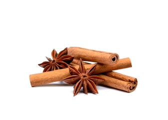 Fragrant anise and cinnamon isolated on white background
