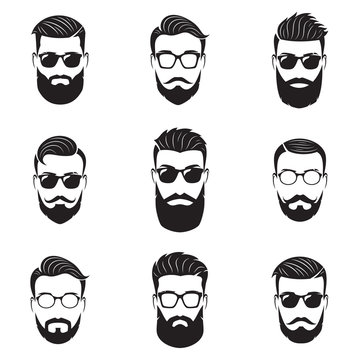 Set of vector bearded men faces, hipsters with different haircut
