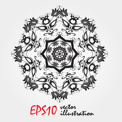 mandala, highly detailed zentangle inspired illustration, black and white. Coloring book antistress. Snowflake
