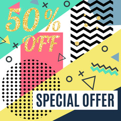 Black Friday Sale Bright Poster in Memphis Style with Trendy Glittering Geometric Elements. Vector illustration.