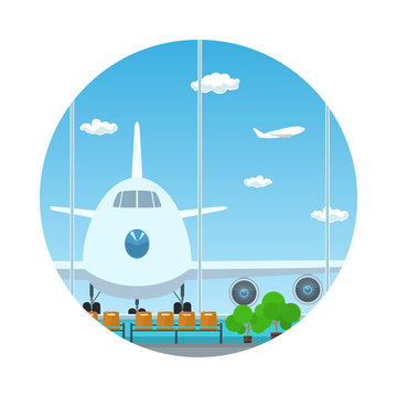 Icon Airport , View on Airplane through the Window from a Waiting Room , Travel and Tourism Concept, Flat Design, Vector Illustration