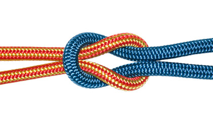 reef knot, yellow and blue ropes.