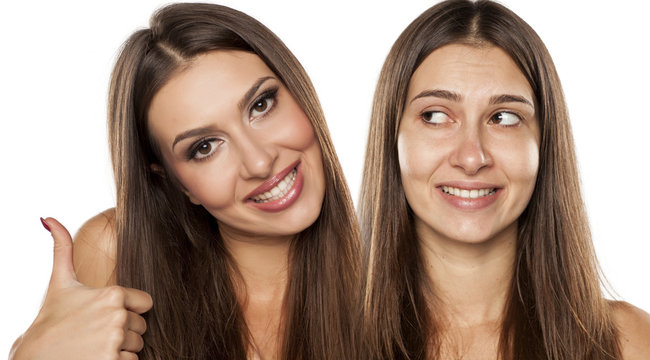 comparative portrait of young women with and without makeup