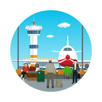 Icon Airport , View on Airplane and Control Tower through the Window from a Waiting Room with People , Travel Concept, Flat Design, Vector Illustration