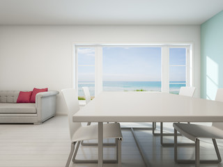 Sea view living room, Beach house with white vintage interior - 3D rendering