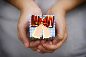 Blue Gift box on women hands.