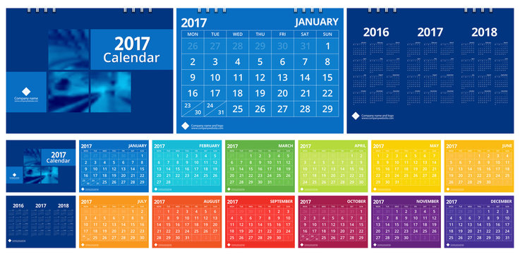 2017 calendar set include 12 months front cover and back cover (3 years 2016 2017 2018). Desk calendar corporate design layout template vector week start on Monday. Size 8"x 6" horizontal EPS-10.