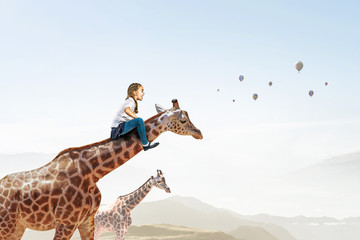 Kid ride giraffe . Mixed media