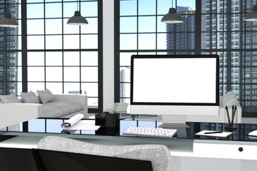 3D Rendering : illustration close up of Creative designer office desktop with blank computer,keyboard,camera,lamp and furniture on background with window and city view. clipping path include
