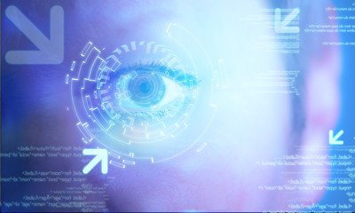 Futuristic technology user interface with an user eye on the bac