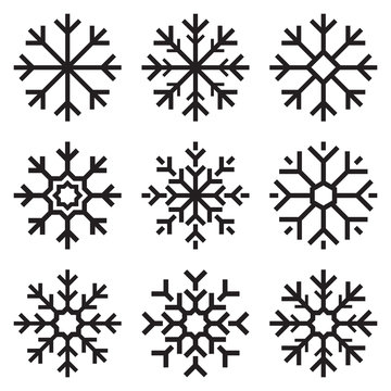 Nine vector snowflakes set on white background, winter icons silhouette, element for your holiday design projects