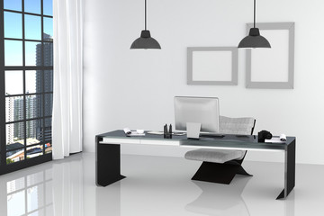 3D Rendering : illustration of modern interior white office of Creative designer desktop with PC computer,keyboard,camera,lamp hanging and other items on background with window and city view. Mock up