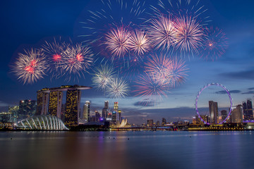 Fireworks over bay in Singapore on National day rehearsal
