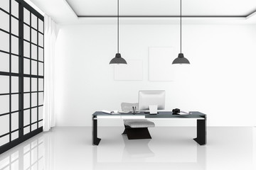 3D Rendering : illustration of modern interior white office of Creative designer desktop with PC computer,keyboard,camera,lamp hanging and other items on background with window. Mock up