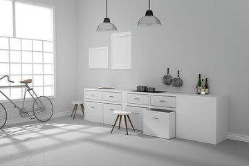 3D rendering : illustration of White interior modern kitchen room design with two vintage lamp hanging.shiny gray floor.sun light shining from outside of the room.design your home concept.