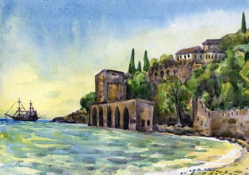 Naval dockyard in Alanya. Watercolor painting
