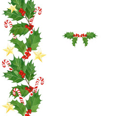 watercolor christmas card with holly berries and leaves,candy canes,golden stars.