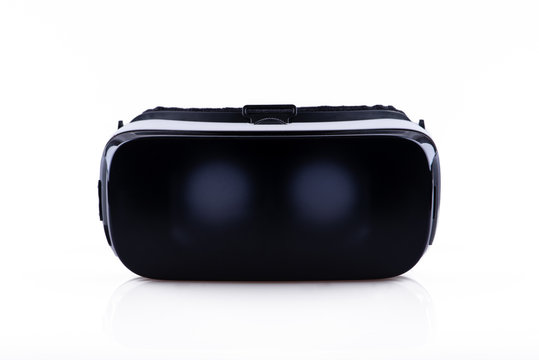 Frontal view of virtual reality VR headset, isolated on white background, with reflection