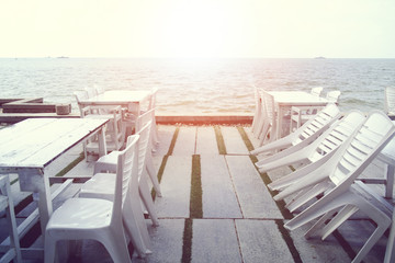 table in the restaurant on the sea background