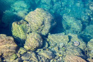 Sea water blue texture background, underwater stones