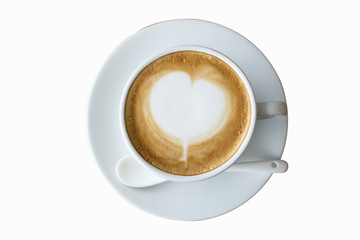 Top view coffee latte art on white background isolated.
