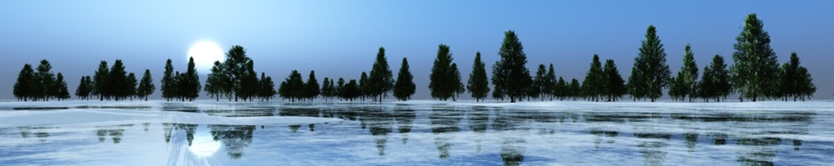 Panorama of the winter landscape. Sunset over ice and snow. 3d rendering.
