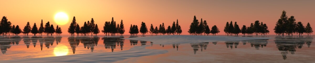 Panorama of the winter landscape. Sunset over ice and snow. 3d rendering.   © ustas